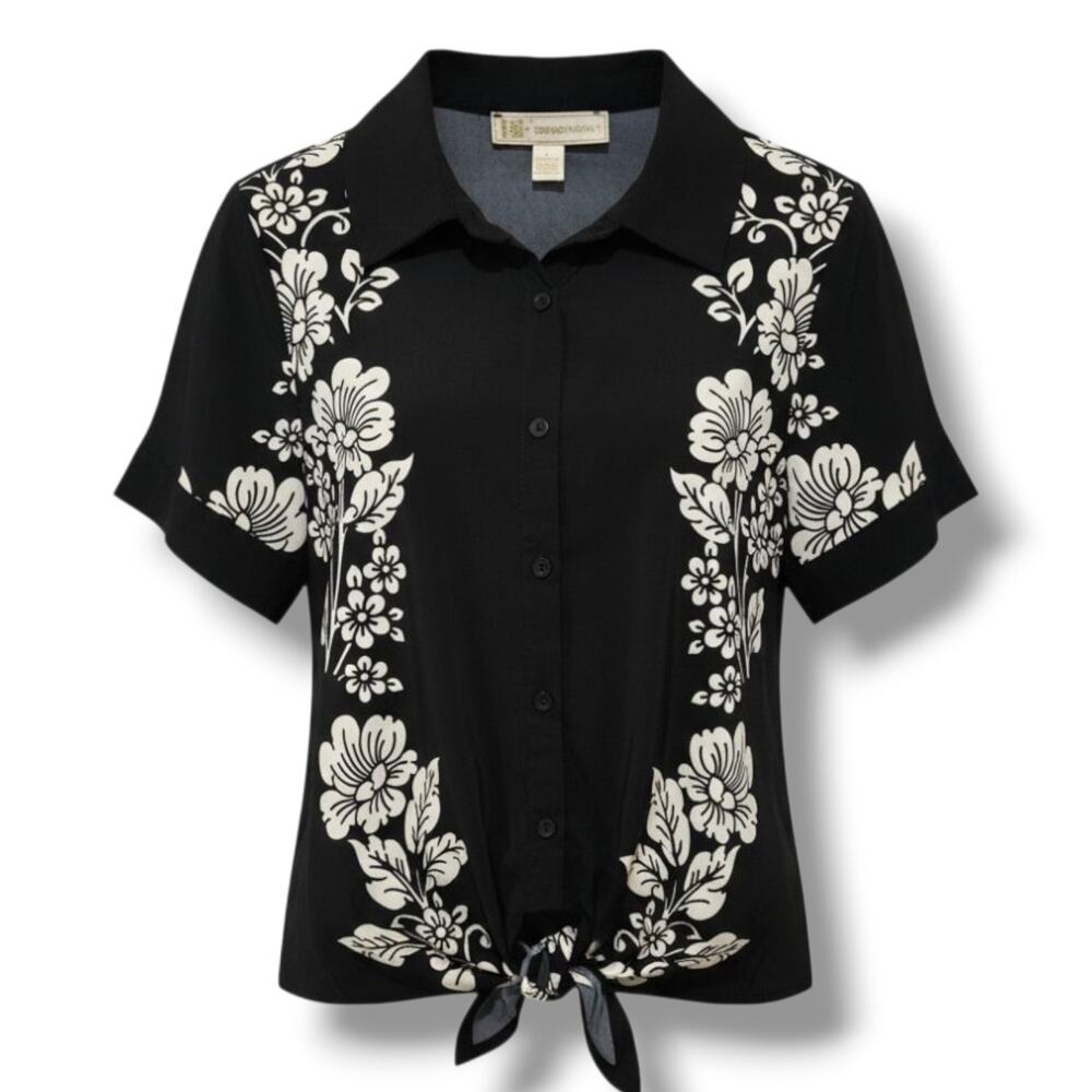Rich & Famous Black Floral Button-Front Tie Hem Top – Size Large